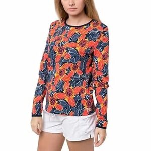 Hang Ten Rash Guard Women XS Blue Orange Floral Long Sleeve Sun Shirt Zip Pocket